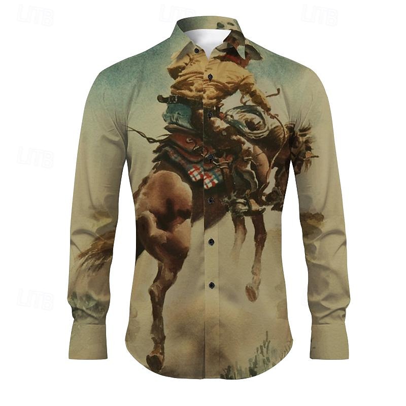 Kentucky Derby Men's Cowboy Shirt Western Shirt Cowboy Shirt Long Sleeve Vintage Western Style Outdoor Street Casual Daily Fall & Winter Turndown Buttons Print Blue Orange khaki Gray2