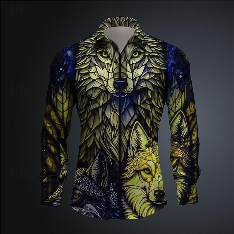 Men's Color Block Wolf Colorful Button Up Shirt Printed Shirts Long Sleeve Subcultural Vacation Party Street Spring & Summer Turndown Print Button-Down Pink Blue Purple Green3