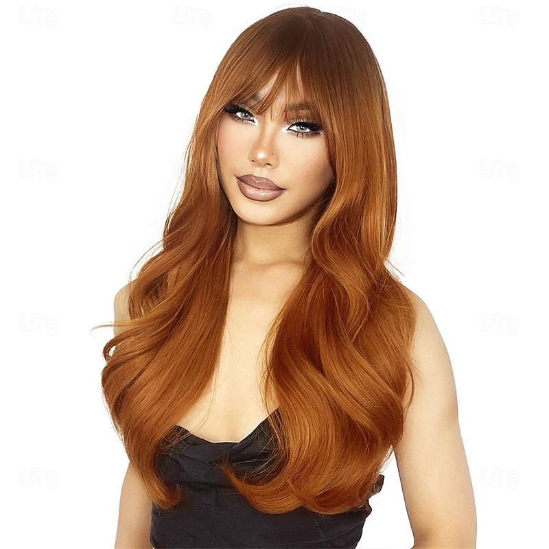 Auburn Wig with Bangs Natural Hair Wigs for Women Long Layered Wig for Girls Dark Roots Copper Red Ombre Wig Heat Resistant Orange Ginger Synthetic Wig Daily Use Redhead Wig 26 Inch