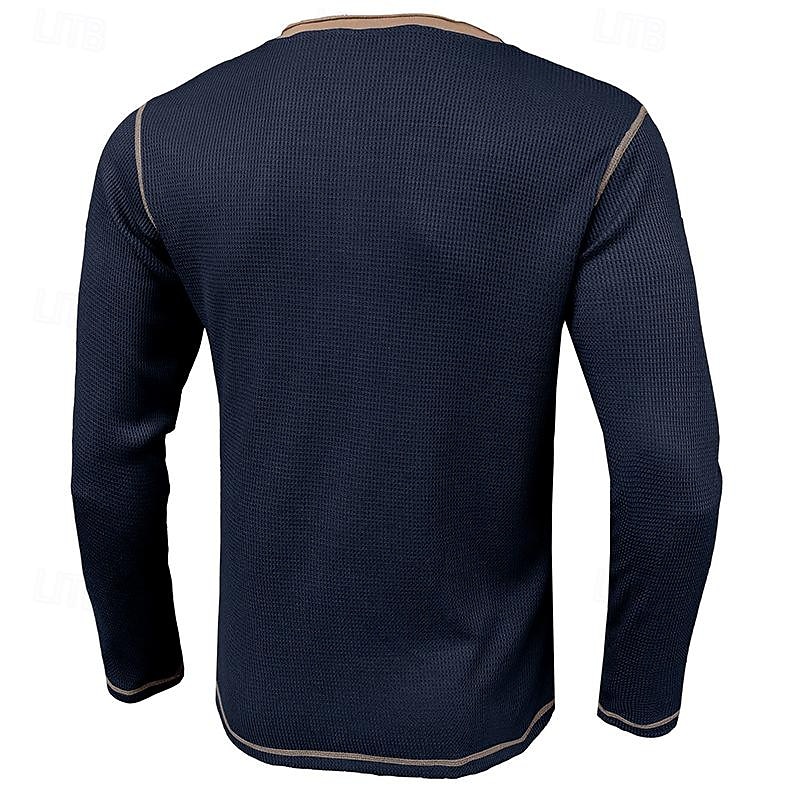 Men's T Shirt Henley Shirt Waffle Knit Tee Tee Top Long Sleeve Shirt Long Sleeve Color Block Solid Fashion Designer Basic Patchwork Henley Vacation Street Casual Spring &  Fall Dark Gray Black White2