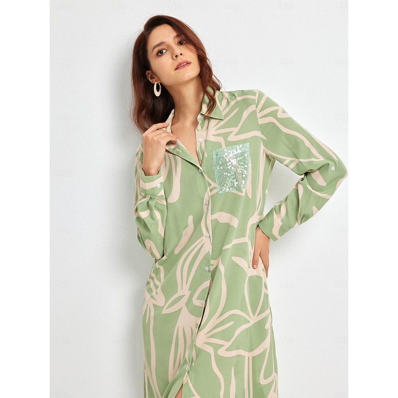 Simple Floral Sequin Shirt Dress4