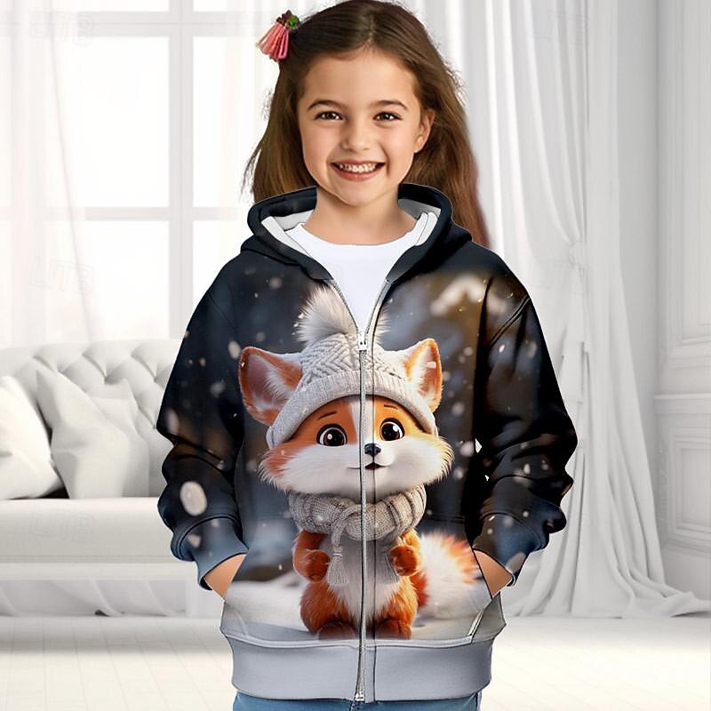 Girls' 3D Fox Hoodie Coat Outerwear Long Sleeve Fall Winter Active Cute Streetwear Polyester Kids 3-12 Years Zip Street Daily Regular Fit3