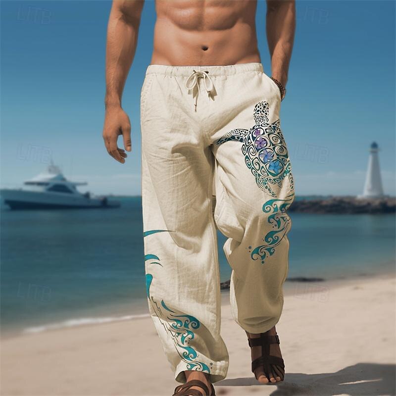 Men's Animal Turtle Linen Pants Pants Trousers Baggy Pants Mid Waist Hawaiian Casual Outdoor Daily Wear Streetwear Elastic Drawstring Design Fall & Winter White Blue Green4