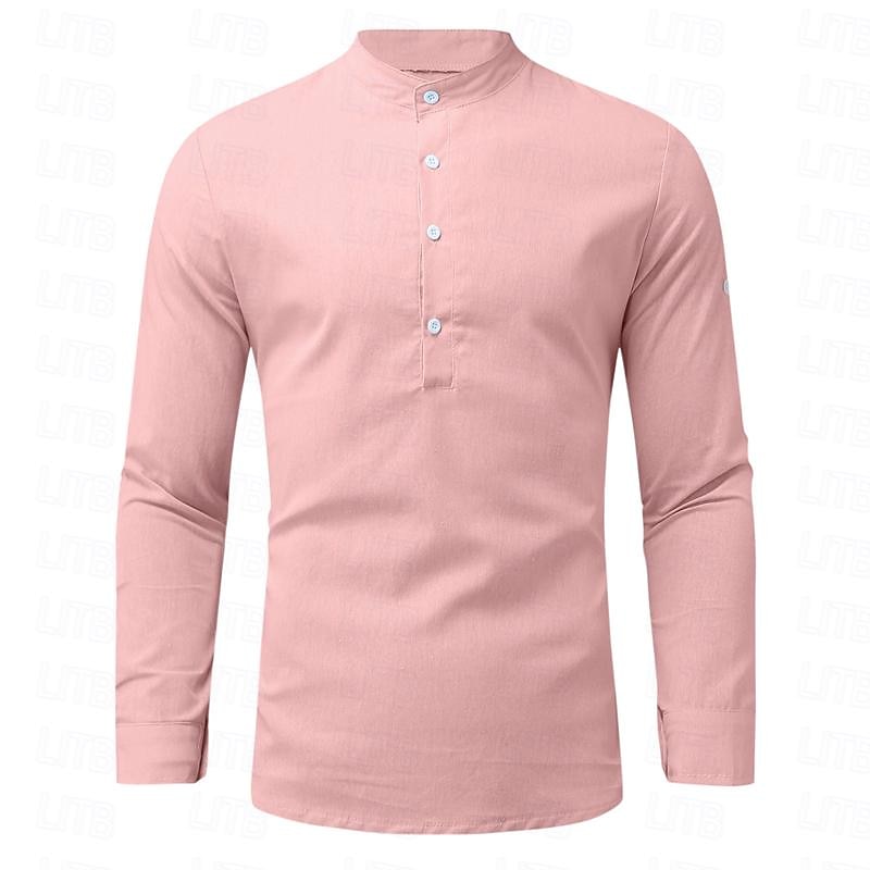 Men's Shirt Linen Shirt Chinese Collar Shirt Mandarin Collar Shirt Summer Shirt Beach Shirt Plain Vacation Hawaiian Beige Long Sleeve Standing Collar Spring & Fall Clothing Apparel Button-Down 9
