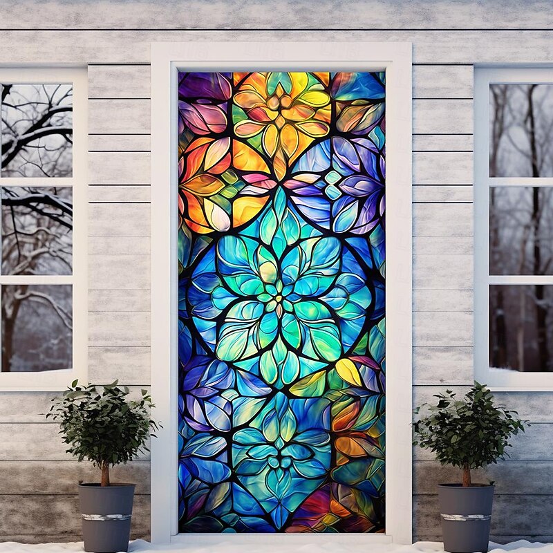 Stained Glass Lucky Clover Door Covers Mural Decor Door Tapestry Door Curtain Decoration Backdrop Door Banner Removable for Front Door Indoor Outdoor Home Room Decoration Farmhouse Decor Supplies4