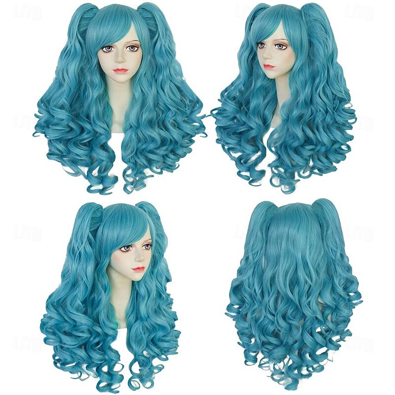 Long Blue Curly Ponytail Wig Light Blue Wig with 2 Ponytails Lolita Wig Blue Wig with Bangs for Women Anime Wig Peluca Azul for Cosplay Costume Carnival Party Halloween Wigs4