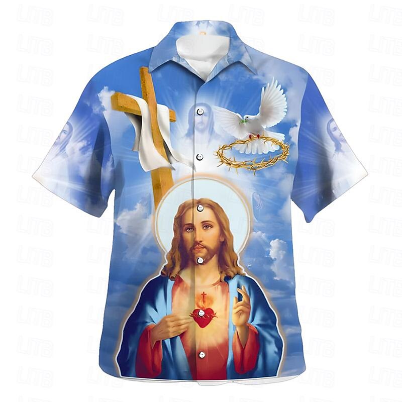Men's Cross Jesus Button Up Shirt Short Sleeve Vacation Artistic Festival / Holiday Vacation Easter Summer All Seasons Cuban Collar Button Up 3D Print Yellow Blue2