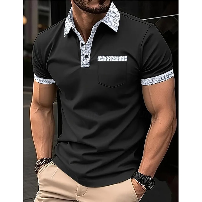 Men's Polo Shirt Button Up Polos Casual Sports Lapel Short Sleeve Fashion Basic Color Block Houndstooth Patchwork Pocket Summer Regular Fit Black White Navy Blue Blue Khaki Polo Shirt4