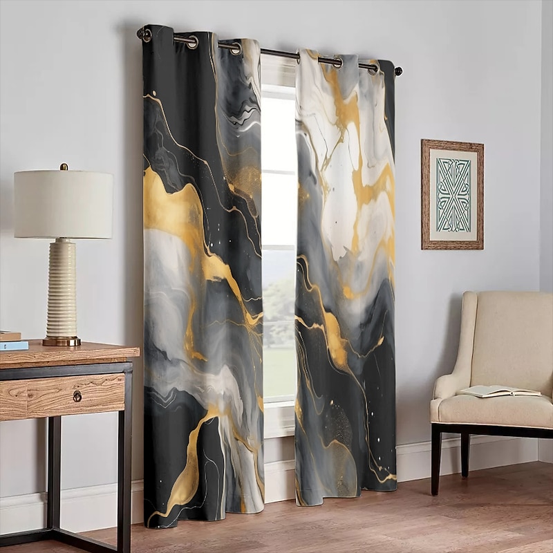 2 Panels Marble Pattern Curtain Drapes 100% Blackout Curtain For Living Room Bedroom Kitchen Window Treatments Thermal Insulated Room Darkening2
