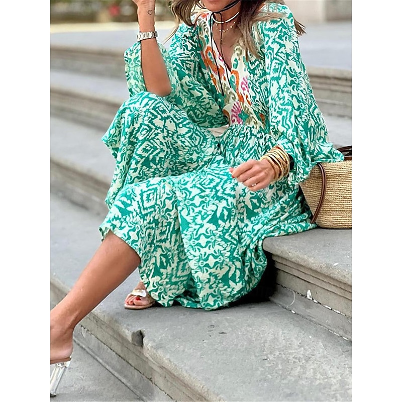 Women's Long Dress Maxi Dress Casual Dress Boho Chic Dresses Boho Dress Bohemia Ethnic A Line Vacation Street Holiday Loose Fit Geometric Color Block Long Sleeve V Neck Green Summer3