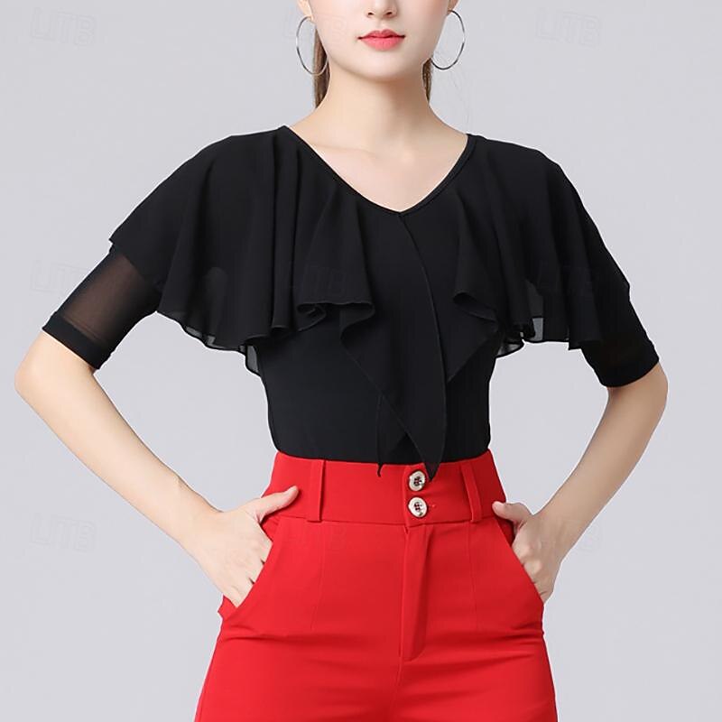 Latin Dance Ballroom Dance Top Ruffles Pure Color Splicing Women's Performance Training Half Sleeve High Polyester / Cotton Blend3
