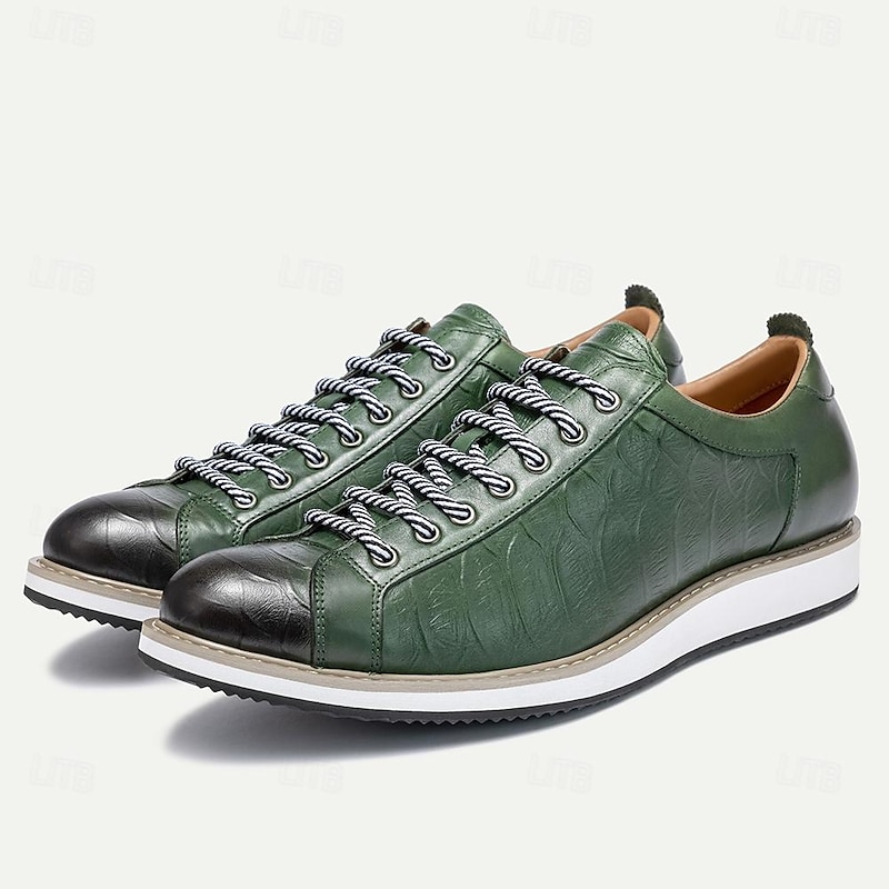 Men's Premium Cowhide Leather Casual Sneakers – Green Embossed Lace-Up Design with Black Accents, Comfortable and Durable3