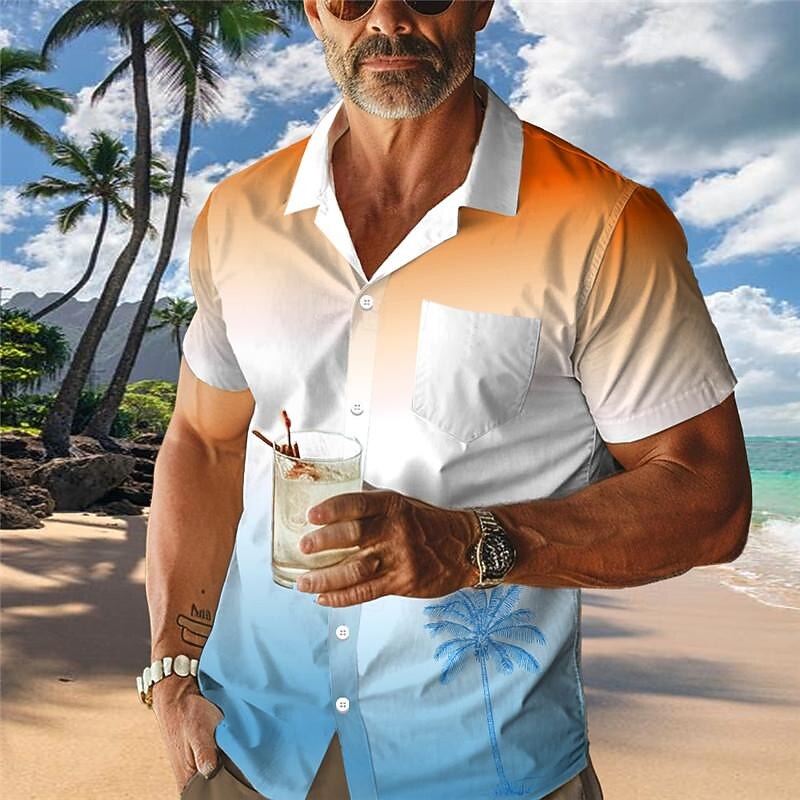 Men's Palm Tree Gradual Shirt Summer Hawaiian Shirt Aloha Shirt Short Sleeve Shirt Cuban Collar Vacation Hawaiian Resort Style Outdoor Vacation Hawaiian Yellow Blue Orange S M L - Main Image