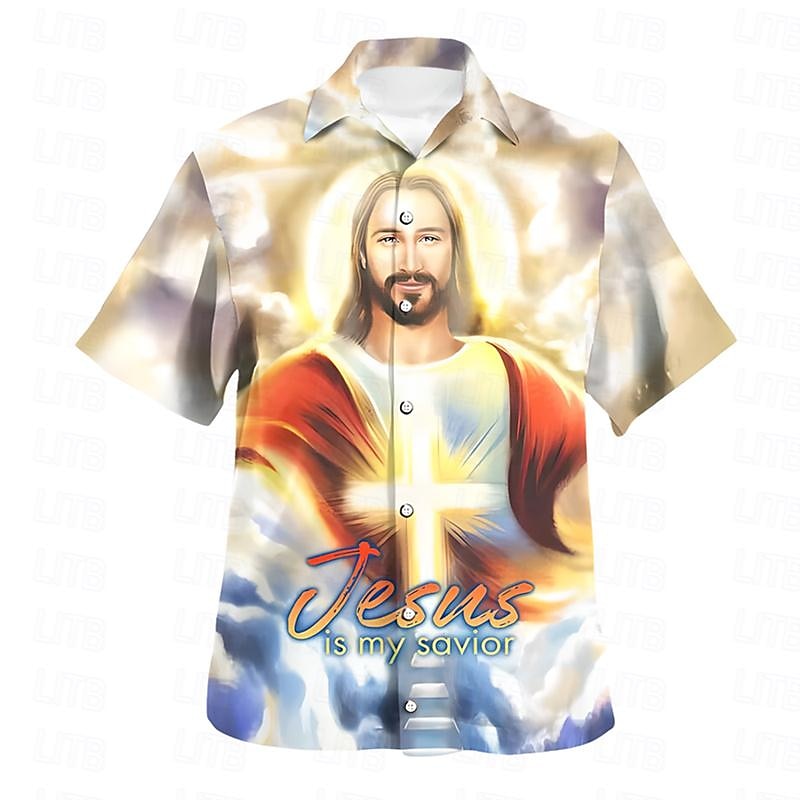Men's Cross Jesus Button Up Shirt Short Sleeve Vacation Artistic Festival / Holiday Vacation Easter Summer All Seasons Cuban Collar Button Up 3D Print Yellow Blue