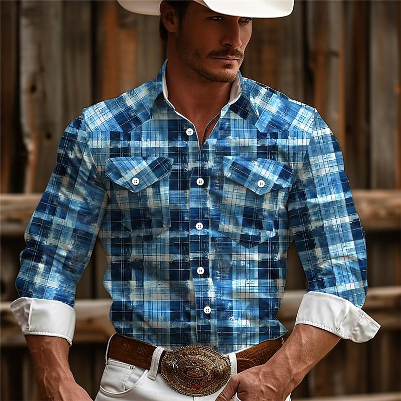 Men's Plaid / Check Western Shirt Cowboy Shirt Long Sleeve Vintage Western Style Daily Wear Going out Weekend Spring & Summer Turndown Pocket Print Button-Down Pink Blue Brown Gray
