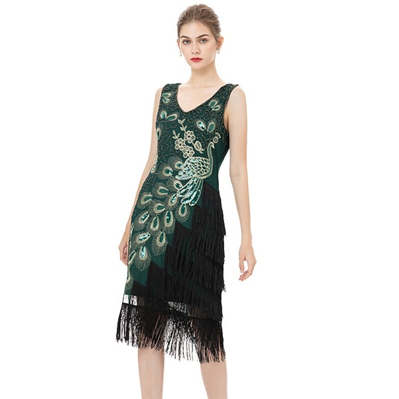 The Great Gatsby Peacock Flapper Dress Retro Vintage Roaring 20s 1920s Cocktail Dress Women's Sequins Tassel Fringe Costume Cosplay Formal Evening Sleeveless Midi Dress2