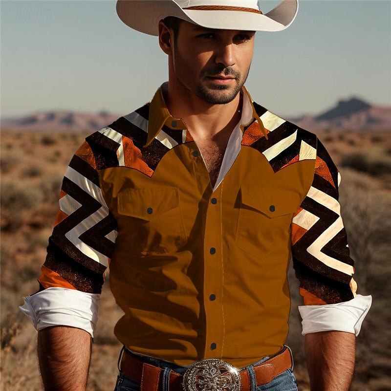 Men's Geometry Western Shirt Button Up Shirt Cowboy Shirt Long Sleeve Vintage Western Daily Wear Weekend Spring Fall Winter Turndown Collared Shirts 3D Print Front Pocket White Blue Brown Green