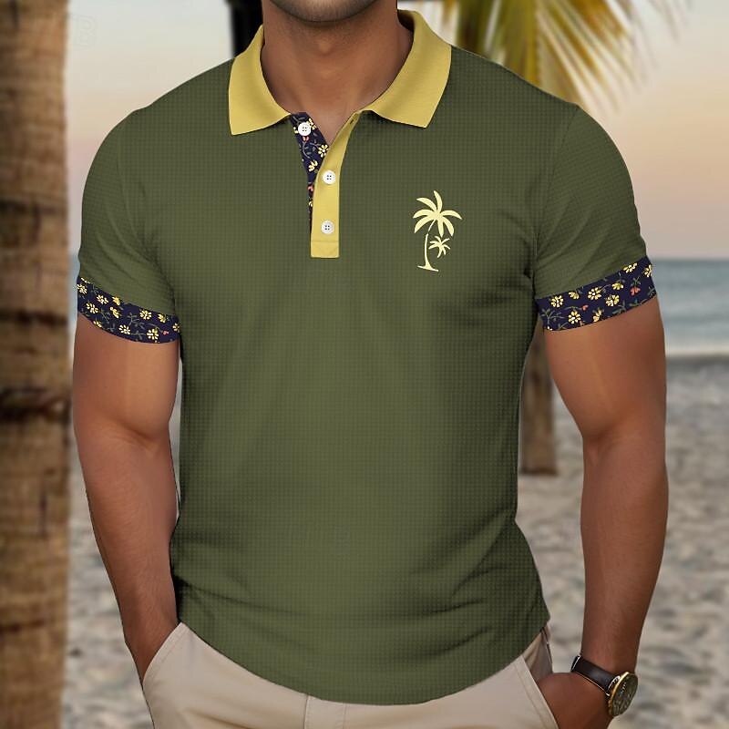 Kentucky Derby Men's Plaid Palm Tree Golf Shirt Short Sleeve Polo Shirts Collared Shirts Casual Beach Wear Vacation Wear Tropical Wear Party Outfits Buttons 3D Print Summer Black White Navy Blue3