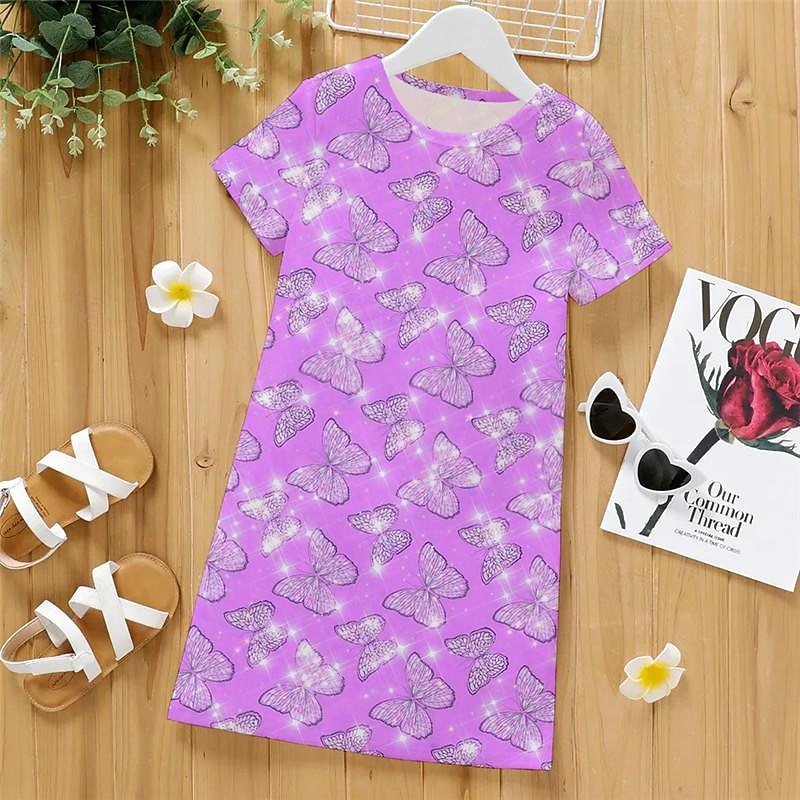 Girls' 3D Butterfly Pajamas Nightdress Pink Short Sleeve 3D Print Summer Active Fashion Cute Polyester Kids 3-12 Years Crew Neck Home Causal Indoor Regular Fit2