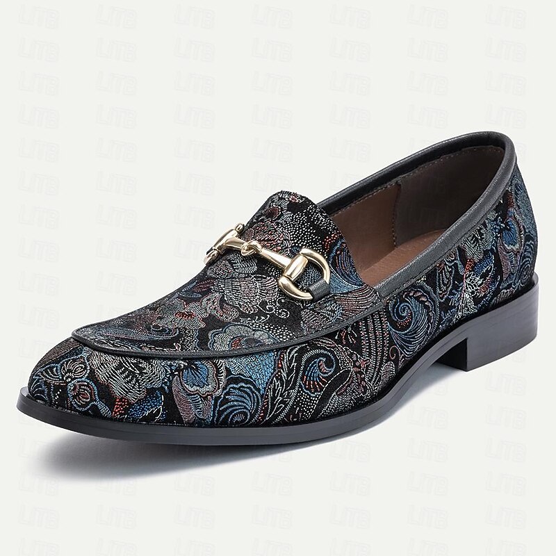 Men's Black Leather Loafers Floral Embroidered Chain4