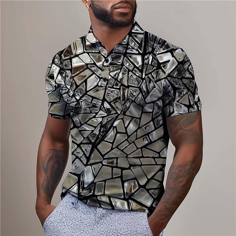 Men's Graphic Golf Shirt Short Sleeve Polo Shirts Collared Shirts Casual Vacation Wear Rave Wear Party Outfits Buttons 3D Print Summer Silver Yellow Red
