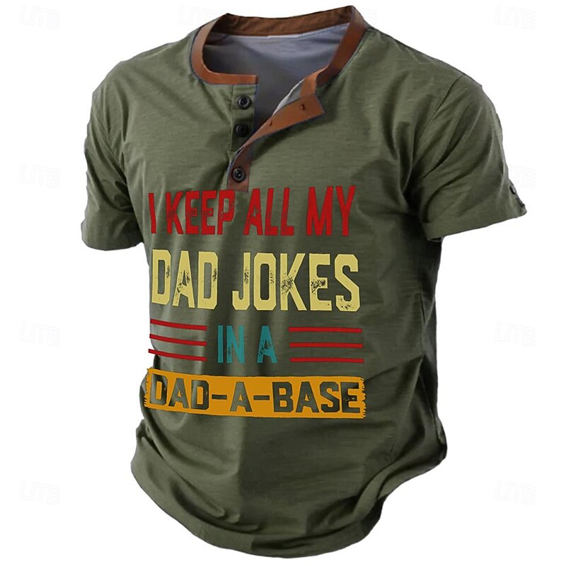Men's Funny Dad Jokes Graphic T-Shirt 'I Keep All My Dad Jokes in a Dad-A-Base' Pun Short Sleeve Henley2