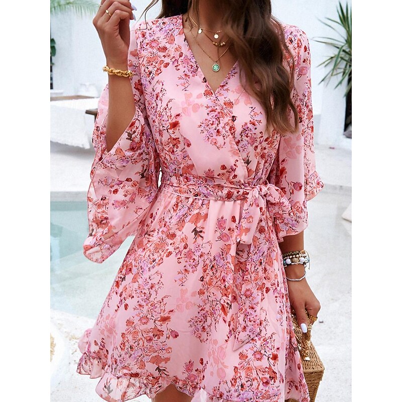 Women's Casual Dress Floral Lace up Print V Neck Mini Dress Boho Vacation 3/4 Length Sleeve Summer - Main Image