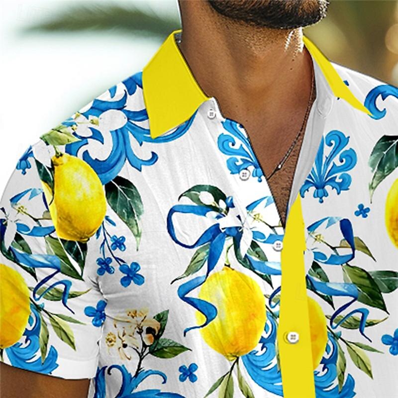 Men's Lemon Shirt Summer Hawaiian Shirt Aloha Shirt Short Sleeve Shirt Turndown Vacation Hawaiian Outdoor Vacation Hawaiian Yellow Blue Purple S M L3