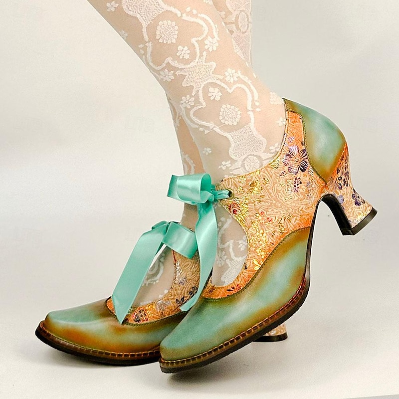 Women's Vintage Floral Lace-Up Heels – Elegant Green & Gold Victorian-Style Shoes for Special Occasions4