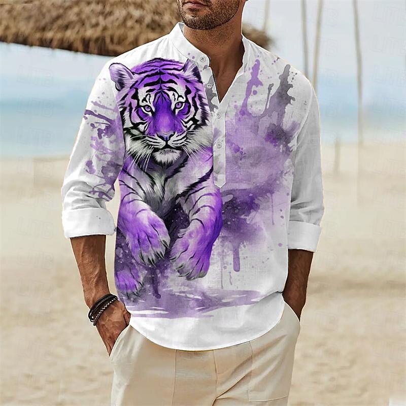 Men's Animal Tiger Shirt Linen Shirt Button Up Shirt Long Sleeve Hawaiian Casual Vacation Daily Wear Going out Spring &  Fall Stand Collar Buttons Print Blue Purple Orange Green4
