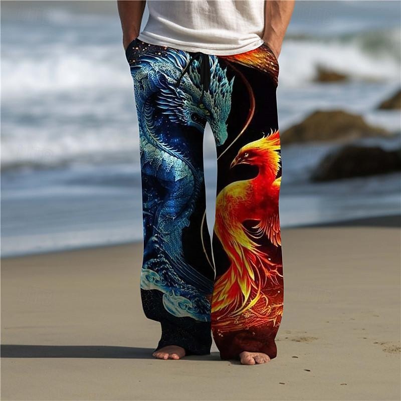 Dragon Phoenix Abstract Men's 3D Printed Casual Pants Trousers Elastic Waist Drawstring Loose Fit Straight-Leg Summer Beach Pants S TO 3XL