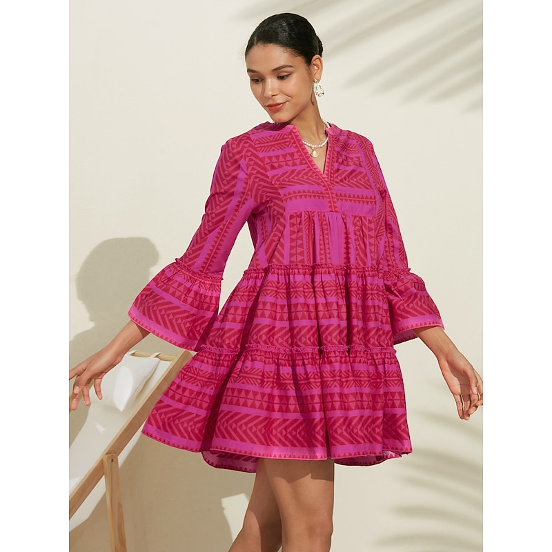 Women's Casual Dress Summer Dress Pink Dress Pink 3/4-Length Sleeve Geometic Striped Pattern 100% Cotton Ruffle Flounced Loose Spring & Summer Spring and Summer Boho Valentine's Day Simple fashion