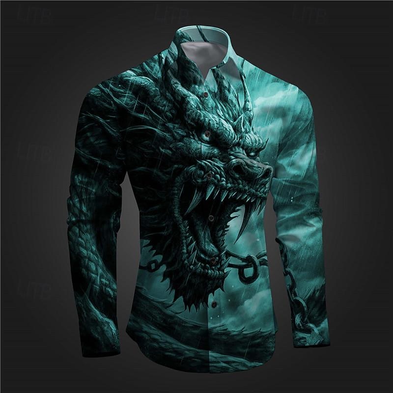 Men's Dragon Shirt Button Up Shirt Long Sleeve Abstract Subcultural Daily Wear Going out Spring Turndown Print Button-Down Red Blue Ink Blue Purple Green4