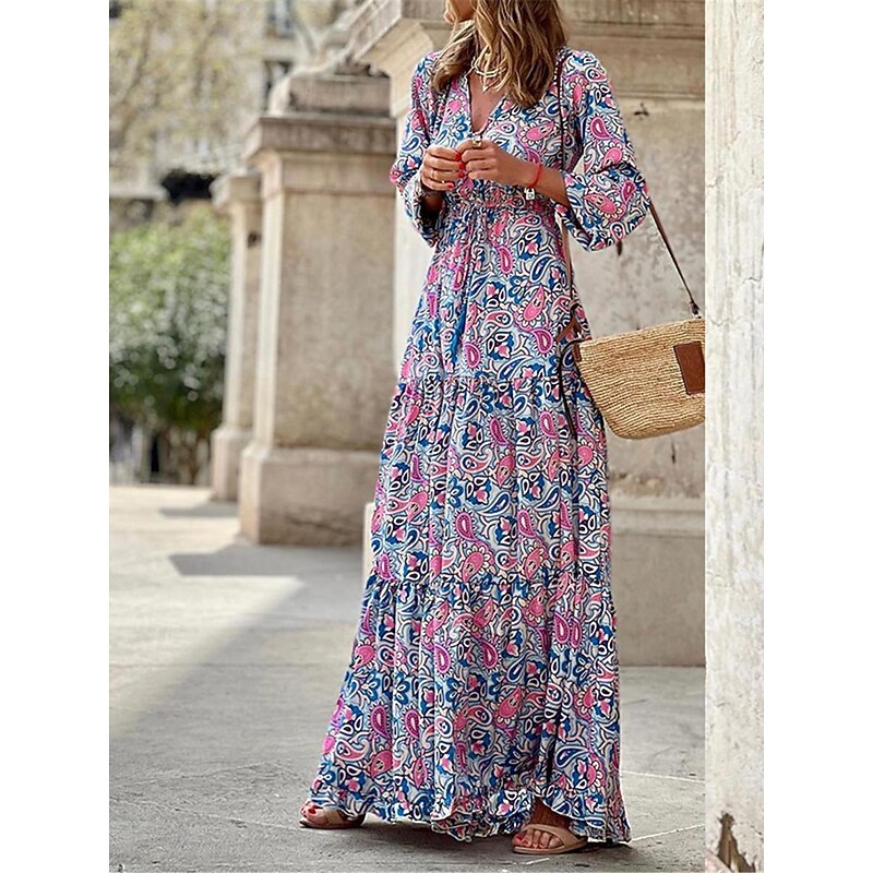 Women's Long Dress Maxi Dress Paisley Dress Casual Dress Boho Chic Dresses Boho Dress Bohemia Ethnic A Line Vacation Street Holiday Loose Fit Paisley Long Sleeve V Neck Pink Blue Green Summer Spring4