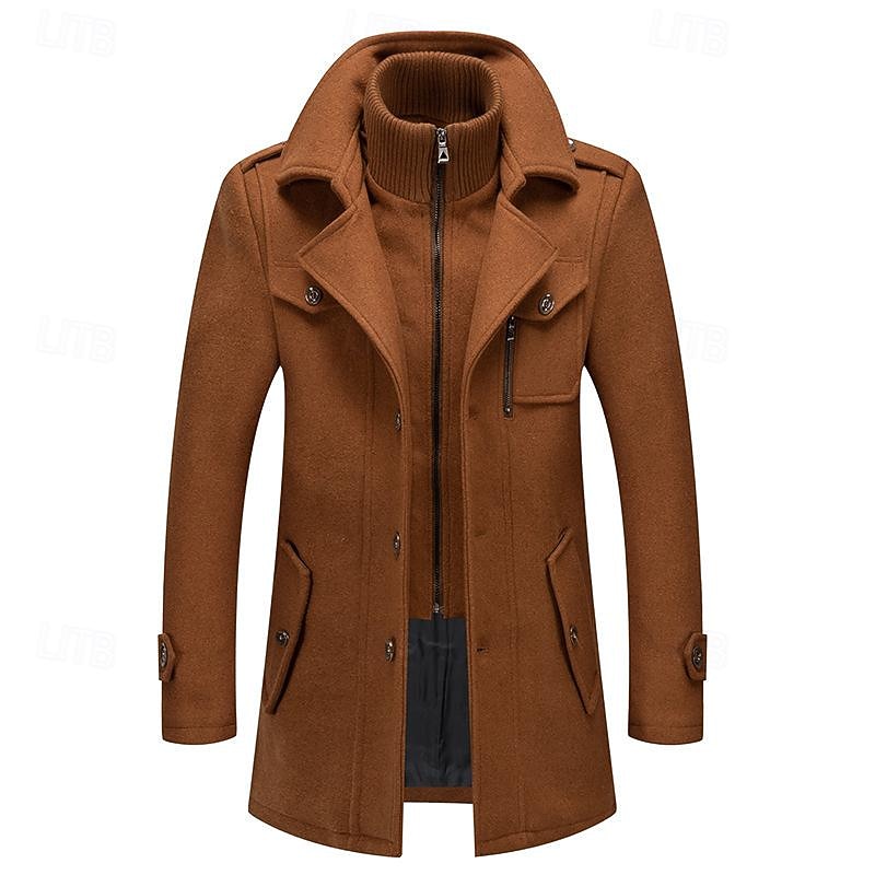 Men's Winter Coat Wool Coat Overcoat Short Coat Outdoor Work Fall & Winter Wool Windproof Warm Outerwear Clothing Apparel Bustiers Essential Solid Colored Rolled collar Single Breasted3