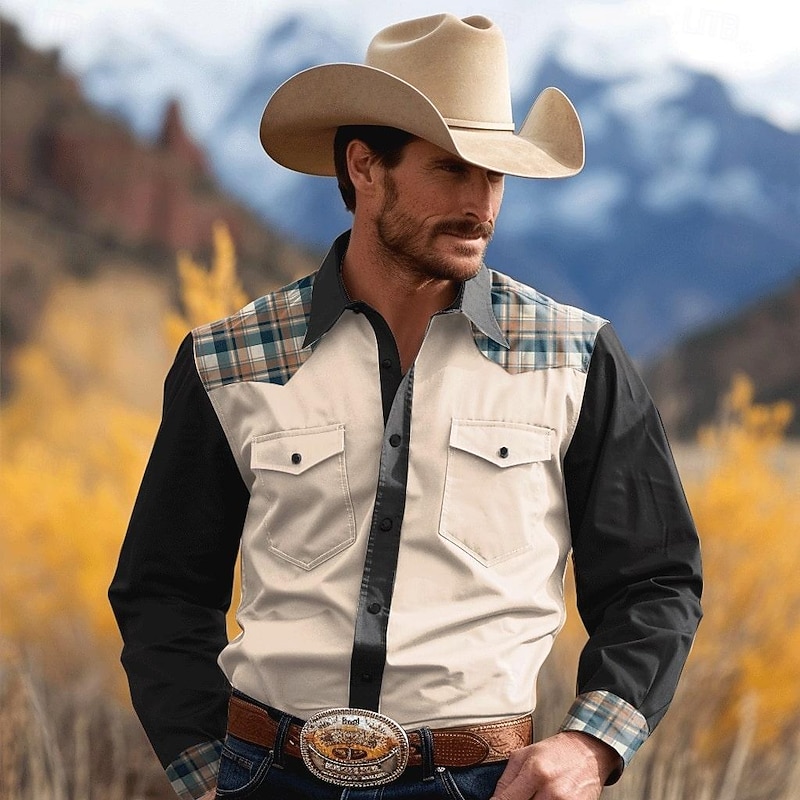 Men's Plaid Cowboy Western Shirt Button Up Shirt Cowboy Shirt Long Sleeve Vintage Western Daily Wear Spring &  Fall Turndown Collared Shirts 3D Print Front Pocket Black Green Khaki4