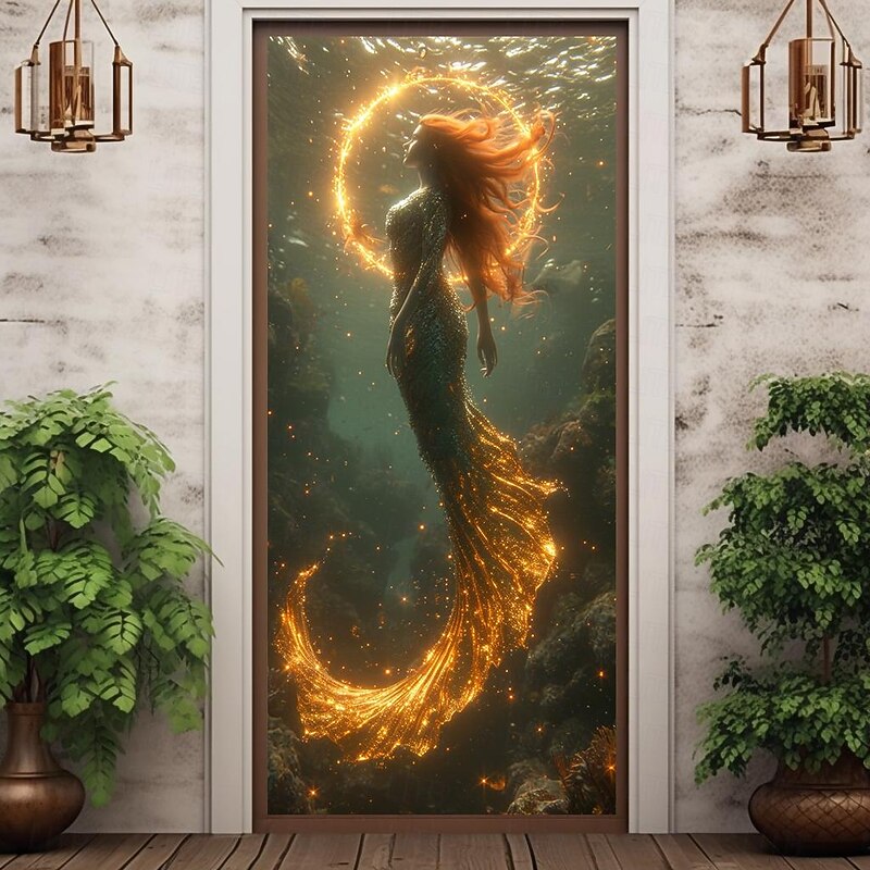 Mermaid Halo Door Covers Mural Decor Door Tapestry Door Curtain Decoration Backdrop Door Banner Removable for Front Door Indoor Outdoor Home Room Decoration Farmhouse Decor Supplies