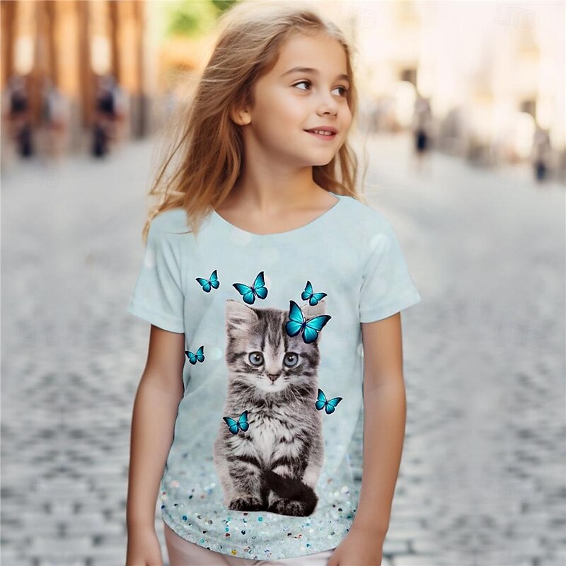 Girls' 3D Cat Butterfly Tee Shirts Short Sleeve 3D Print Summer Active Fashion Cute Polyester Kids 3-12 Years Crew Neck Outdoor Casual Daily Regular Fit2