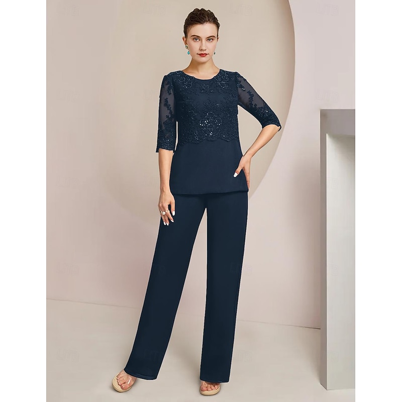 Beach Wedding Pantsuit 3 Piece Mother of the Bride  Formal Wedding Guest Elegant Scoop Neck Floor Length Chiffon Lace Sequined 3/4 Length Sleeve with Lace Sequin free custom3