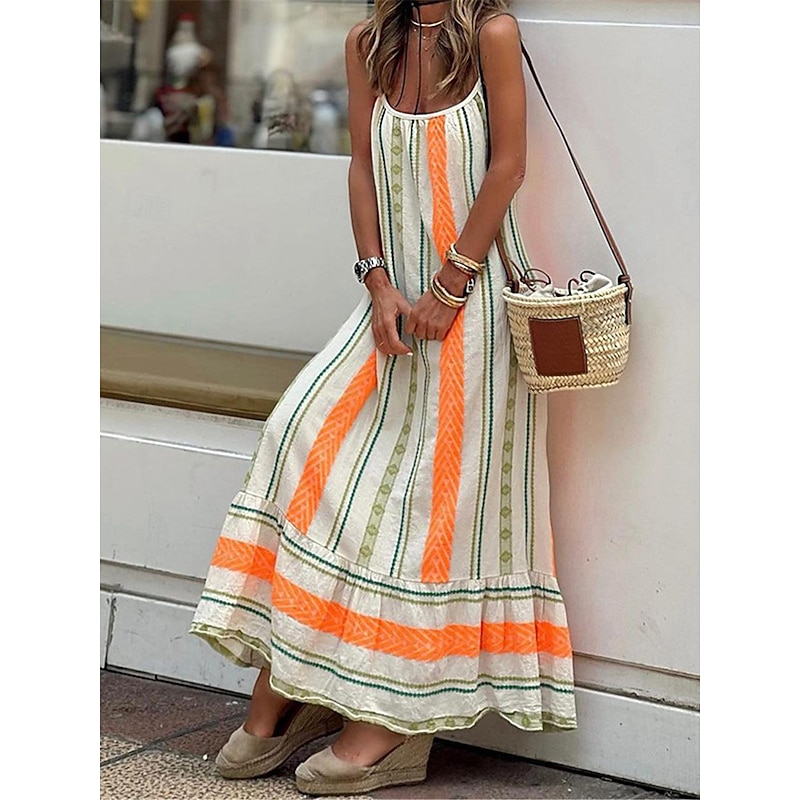 Women's Casual Dress Stripe Backless Print Strap Long Dress Maxi Dress Bohemia Vacation Sleeveless Summer