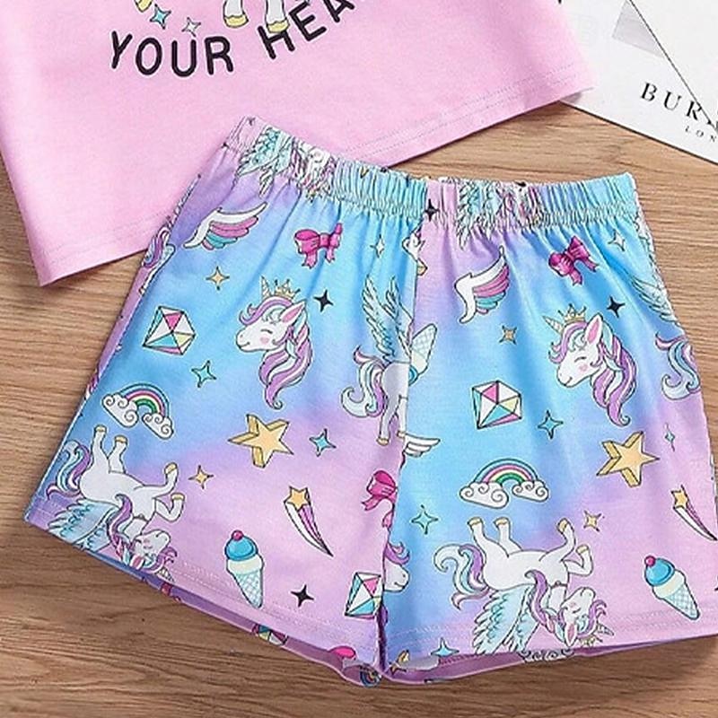 Girls' 3D Unicorn Tee & Shorts Pajama Set Pink Short Sleeve 3D Print Summer Active Fashion Cute Polyester Kids 3-12 Years Crew Neck Home Causal Indoor Regular Fit4