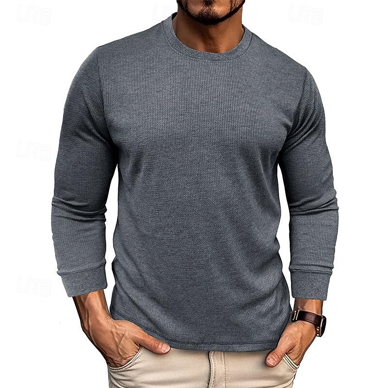 Men's Waffle Tee Waffle Shirt T Shirt Tee Long Sleeve Crew Neck Spring &  Fall Plain Fashion Designer Basic Knit Vacation Street Going out Black White Wine Top Tee for Men3
