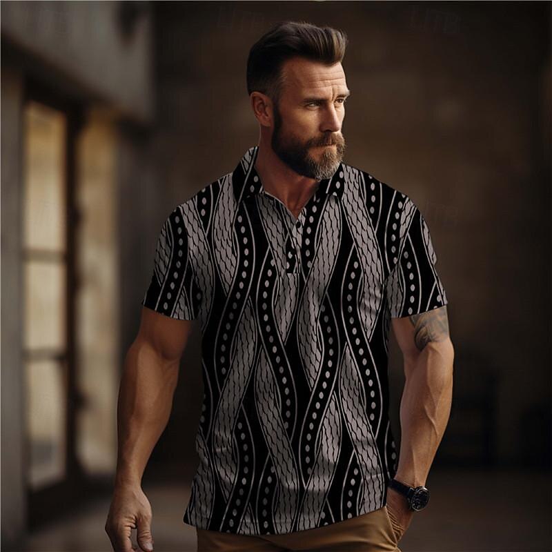 Men's Geometric Golf Shirt Short Sleeve Polo Shirts Collared Shirts Vacation Wear Formal Wear Festival Wear Buttons 3D Print Summer White Brown Khaki3