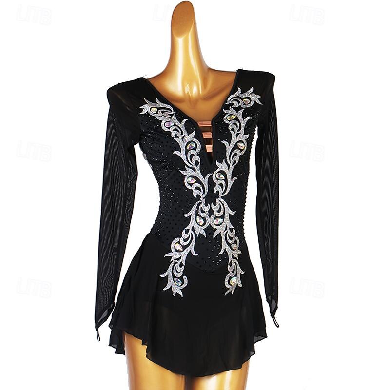 Dance Salsa Latin Dance Dress Rhinestone Ruffle Women's Girls' Performance Training Long Sleeve High Spandex Tulle3