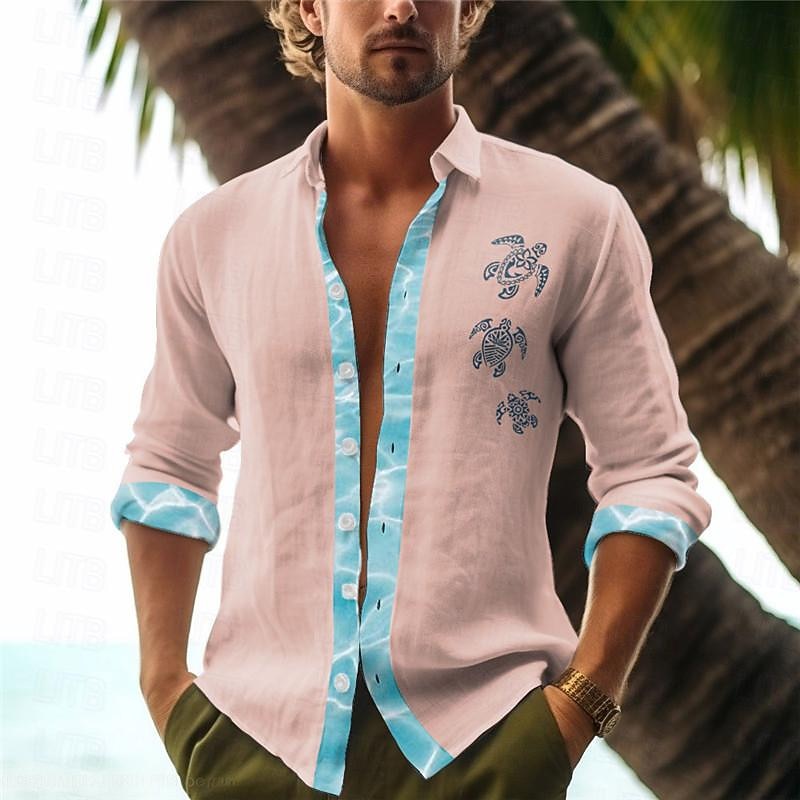 Men's Color Block Tropical Turtle Summer Hawaiian Shirt Aloha Shirt Printed Shirts Long Sleeve Shirt Turndown Hawaiian Daily Wear Going out Weekend Black White Pink S M L3