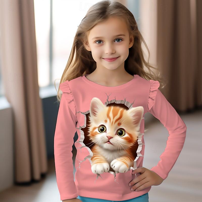 Girls' 3D Cartoon Cat Ruffle Tee Pink Long Sleeve 3D Print Spring Fall Active Fashion Cute Kids 3-12 Years Crew Neck Outdoor Casual Daily Regular Fit