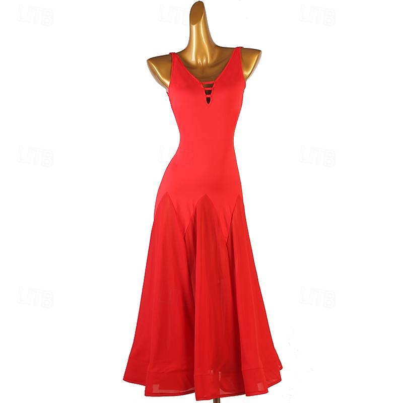 Ballroom Dance Dress Pure Color Women's Performance Training Sleeveless High Chiffon Chinlon