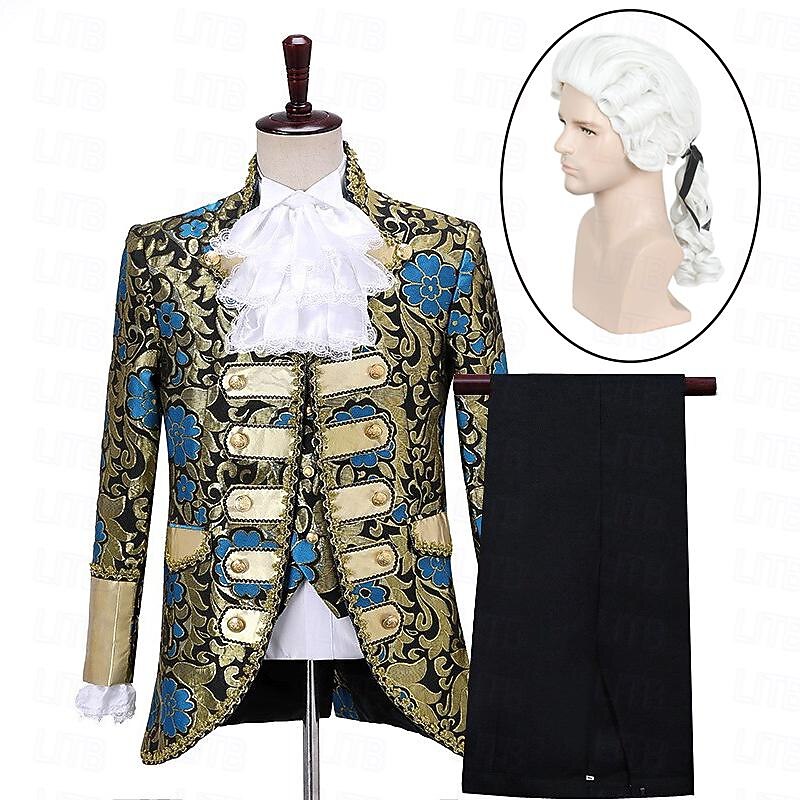 Set with Prince Aristocrat Vintage Medieval Renaissance Pants Outfits Suits Lawyer Curly Wig 2 PCS Men Retro Cosplay Cravat Halloween Masquerade Party3