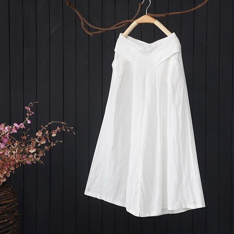 Women's Wide Leg Linen Pants Pants Trousers Fashion Full Length Plain Wide Leg Breathability Comfortable Inelastic Casual Daily Black White Yellow Spring &  Fall2