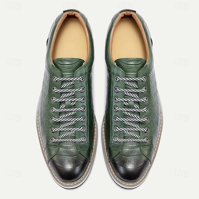 Men's Premium Cowhide Leather Casual Sneakers – Green Embossed Lace-Up Design with Black Accents, Comfortable and Durable2